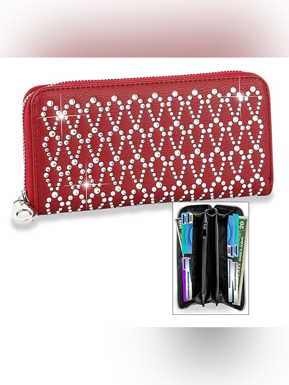 4/$20 💫 Red Rhinestone Heart Zip Around Wallet Clutch Boutique 3/$25